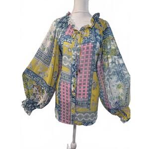 Bunuly Blouse Womens 1X Multicolor Patchwork Floral Boho Ruffle Tie Neck Sheer